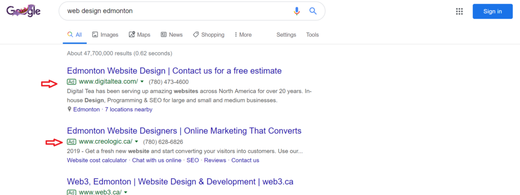 Creologic web design Google ad in search results